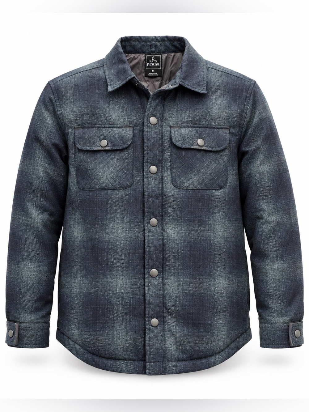 Prana Showdown Dark Blue Plaid Jacket with 80% Down 20% Feather Fill - In Demand